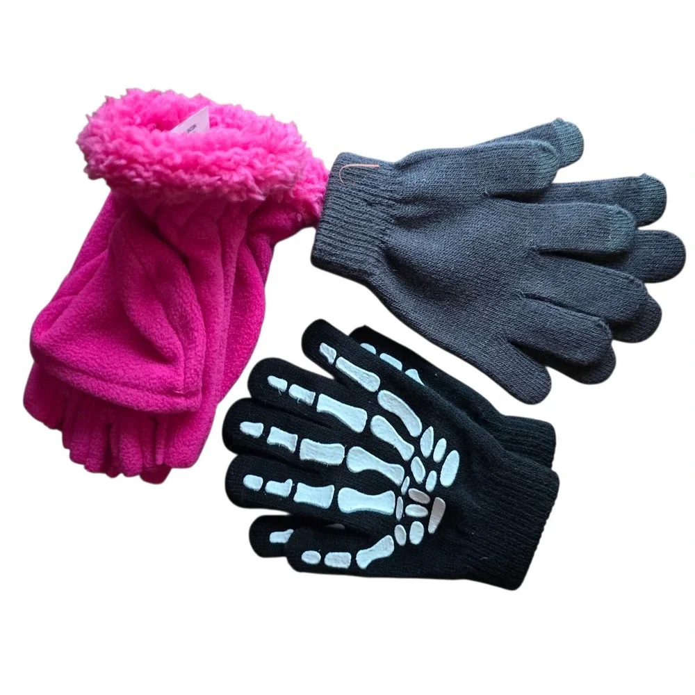 New Kids Gloves Set 3 Pairs Fleece Lined Winter Warm Skeleton Pink Black Gray‎